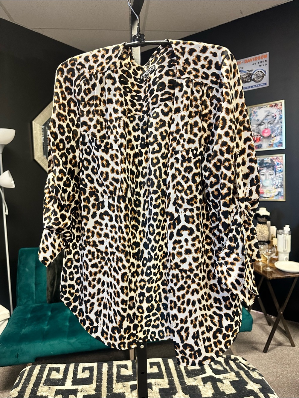 Express Leopard Print Button-Up Blouse - Black, Brown, Cream